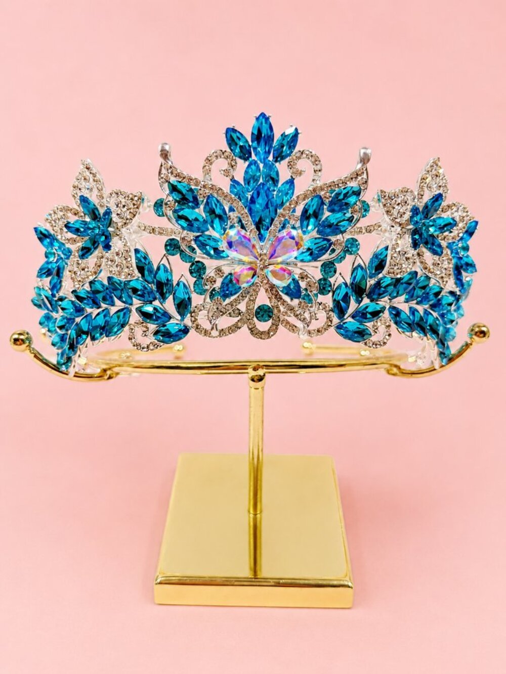 Sky blue Crystal Butterfly Tiara Crown Silver Pageant Bridal Prom Party crown